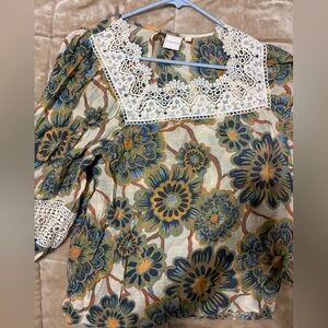 Zac & Rachel Floral Voile Top in Blue, Green & Tan